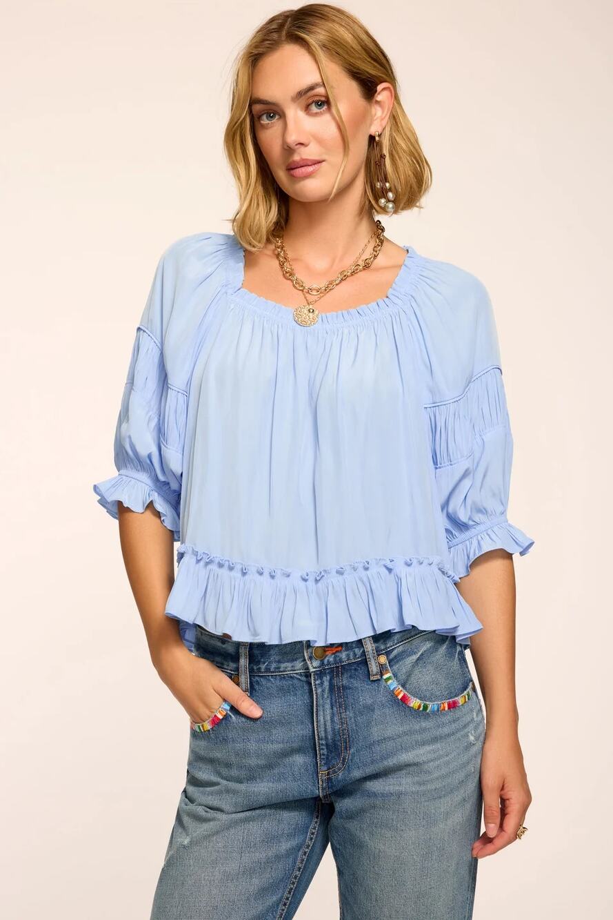 NWT Ramy Brook Natasha Ruched Square Neck Blouse Blue Size XL
